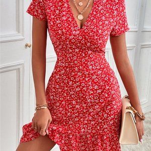 Amasoo- red floral vneck fit and flare dress